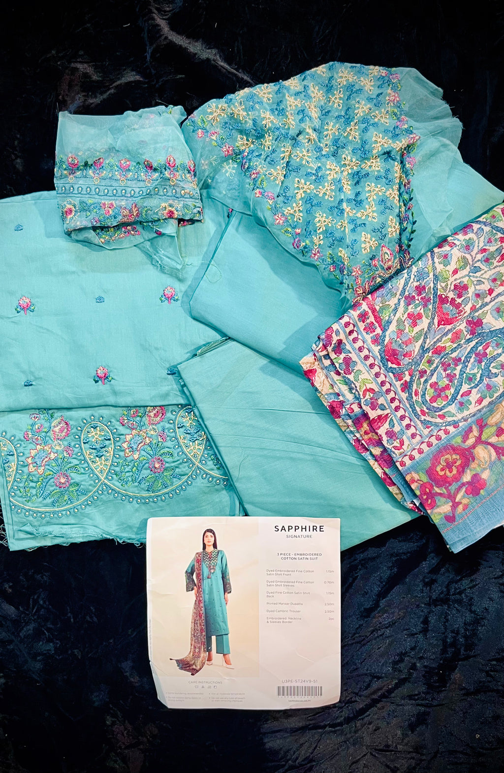 Sapphire 3-Piece Embroidered Cotton Satin Suit
