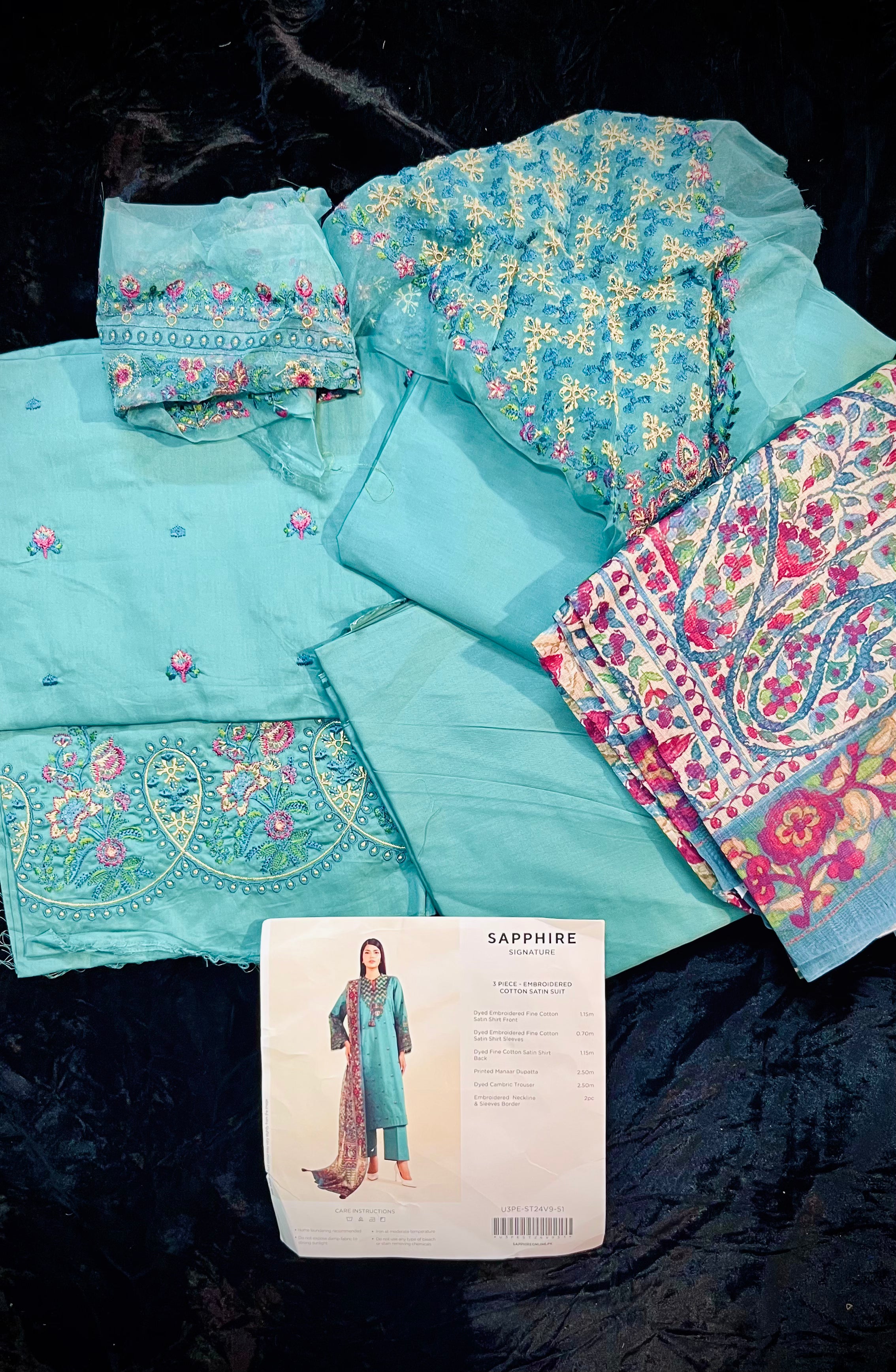 Sapphire 3-Piece Embroidered Cotton Satin Suit