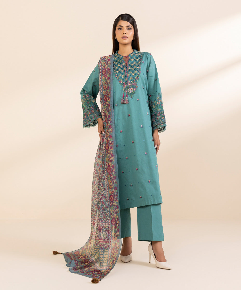 Sapphire 3-Piece Embroidered Cotton Satin Suit
